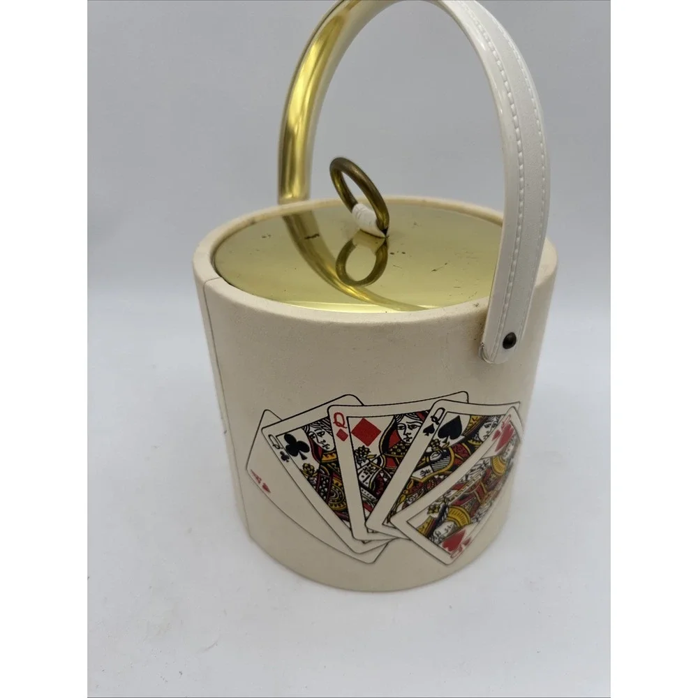 Vintage Kraftware Ice Bucket Cream With Gold Lid And Cards Made In USA